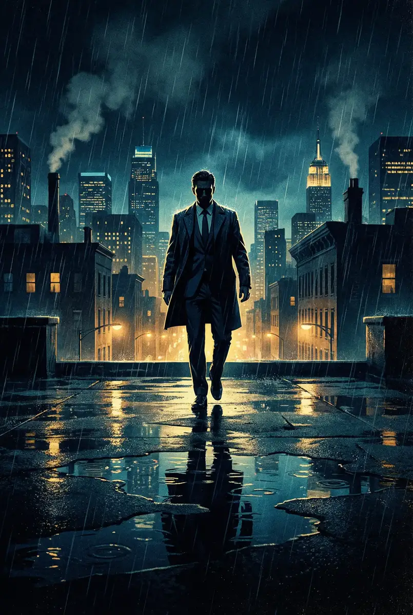 强暴小说 出品影片《雨夜独行者》海报，雨中城市屋顶男性剪影